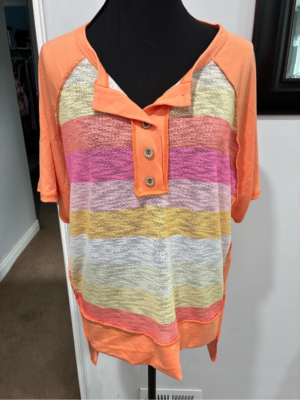BiBi Orange Multicolor Striped Short-Sleeve Knit Top